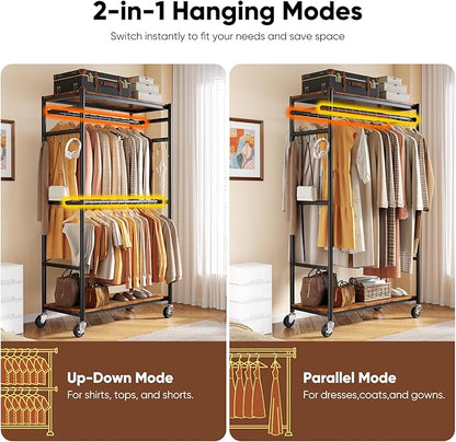 HOKEEPER Heavy Duty Rolling Clothes Rack, Metal Closet Organizer with Wood Shelves, Adjustable 70.9"-79.9" H x 39.3" W Freestanding Wardrobe for Bedroom, Max Load 450 LBS