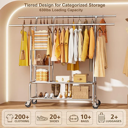 Heavy Duty Clothes Rack - Rolling Clothing Racks for Hanging Clothes Load 630 LBS, Double Rod Metal Garment Rack With Storage Shelf, Portable Wardrobe Racks with Wheels