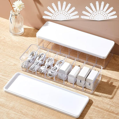 Tatuo 2 Pcs Cable Organizer Box with Wire Ties, Plastic Cord Storage Box with Lid, Electronics Organizer for Home Office Desk Organizers and Accessories (Clear,White)