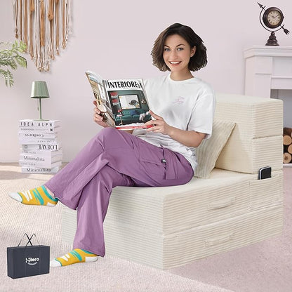 Folding Sofa Bed, 4 in 1 Convertible Sleeper Chair with Pillow, Single Memory Foam Fold Out Chair Bed, Modern Floor Futon Sofa Couch Mattress for Living Room/Guest/Apartment,Beige
