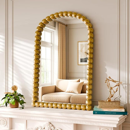 24"×36" Gold Arched Bathroom Vanity Mirror, Vintage Beaded Decorative Wall Mounted Makeup Mirror, as Wall Decor Hanging Leaning for Fireplace Mantle, Living Room, Bedroom, Vanity Area
