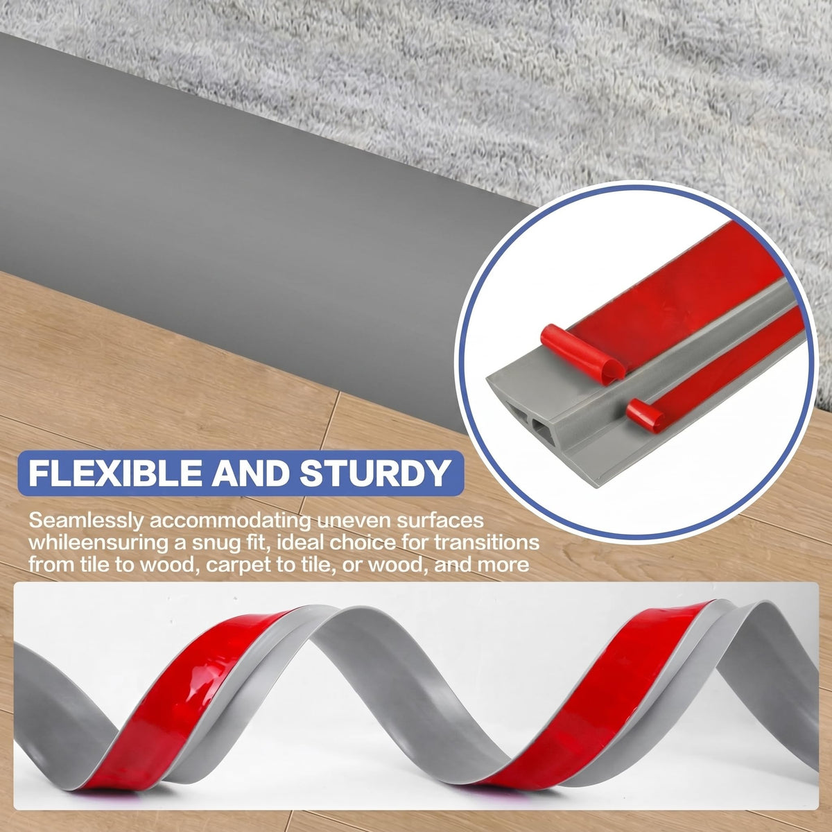 Floor Transition Strip Vinyl Door Threshold Ramp Self Adhesive Carpet Edging Strip Doorway Edge Trim (3.3 Foot)