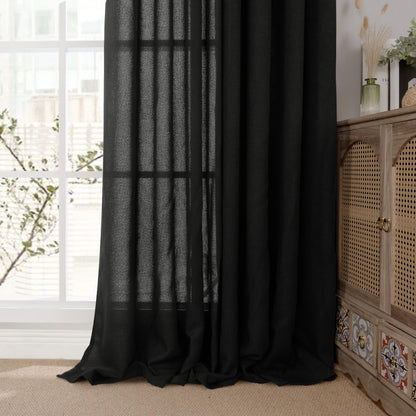 Black Linen Curtains 84 Inch Length Semi Sheer for Living Room (2 Count)