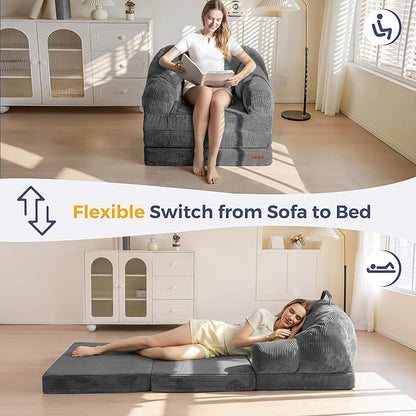 MAXYOYO Folding Sofa Bed with Backrest, Boneless Fold Out Couch Bed with Handle, 2 in 1 Convertible Bean Bag Chair to Floor Sofa Lounger, Comfy Folding Couch for Bedroom & Living Room, Dark Grey