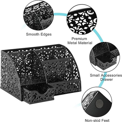 EasyPAG Desk Organizer and Pen Holder for Desk, Mesh Office Supplies Storage Caddy with Drawer for Small Space, Desktop Organizer for Home Office, Black