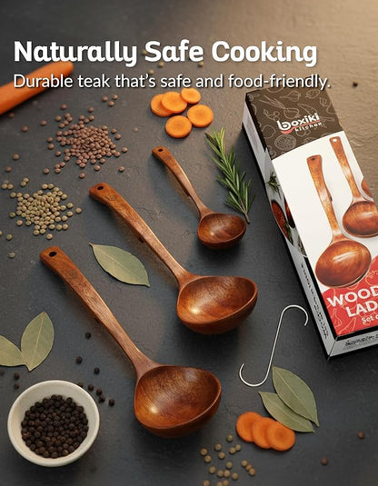 Soup Ladle - Luxury Teak Wood Ladle Set of 3 – Chef-Grade, Eco-Friendly Wooden Cooking Utensils with Reinforced Neck Joint & Anti-Slip Notch Handle – Multi-Size, Gift-Ready Ladle Spoons Set