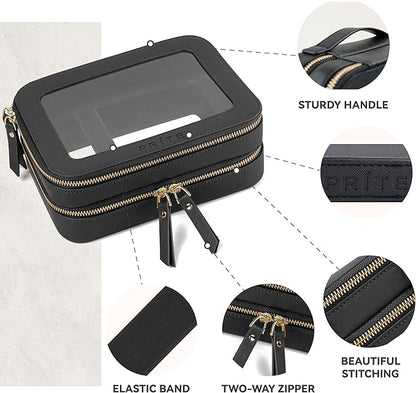 Prite Clear Makeup Bags Double Layer Cosmetic Bags with a Separate Brush Compartment Travel Makeup Bag for Women Travel Accessories Organizer for Purse(Black)
