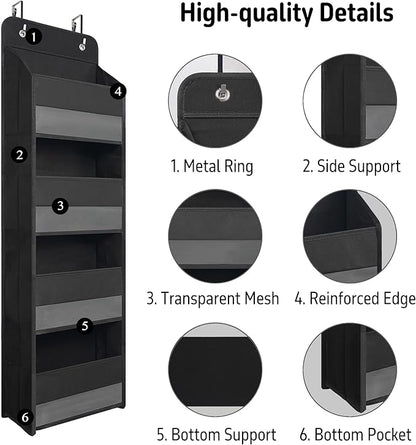 Giraffe Creation Compact Black Over Door Organizer with 4 Large Clear Pockets, Compact Hanging Door Storage for Bathroom, Dorm, Bedroom, Closet, Toiletries