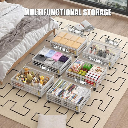Bamboo Underbed Storage Containers with Wheels & Bag 2 Pack, Large Under Bed Rolling Storage Bins Wood Under Bed Clothes Storage Stackable Drawers for Bedroom Closet Under Crib Toy(White)