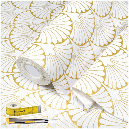 Shelf Liners Non Adhesive Gold Background White Fan (4107.64 sq in)