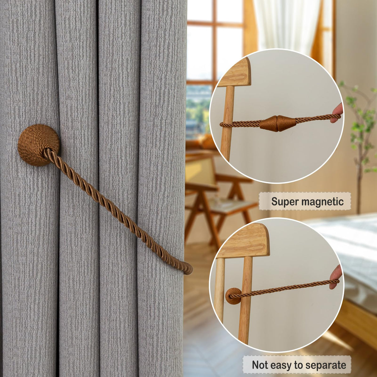 Magnetic Curtain Tiebacks 4 Pack Outdoor Rope Curtain Tie Backs Decorative Window Treatment Holdbacks for Home Decorative Curtain (4 Count)