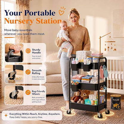 3 Tier Rolling Cart Metal with Wheels, Black Three Tiered Art Cart Organizer on Wheels, Storage Utility Trolley Carts for Kithcen, Craft, Nail, Lash, Makeup, Salon,Bedside, Bathroom, Office, Snack
