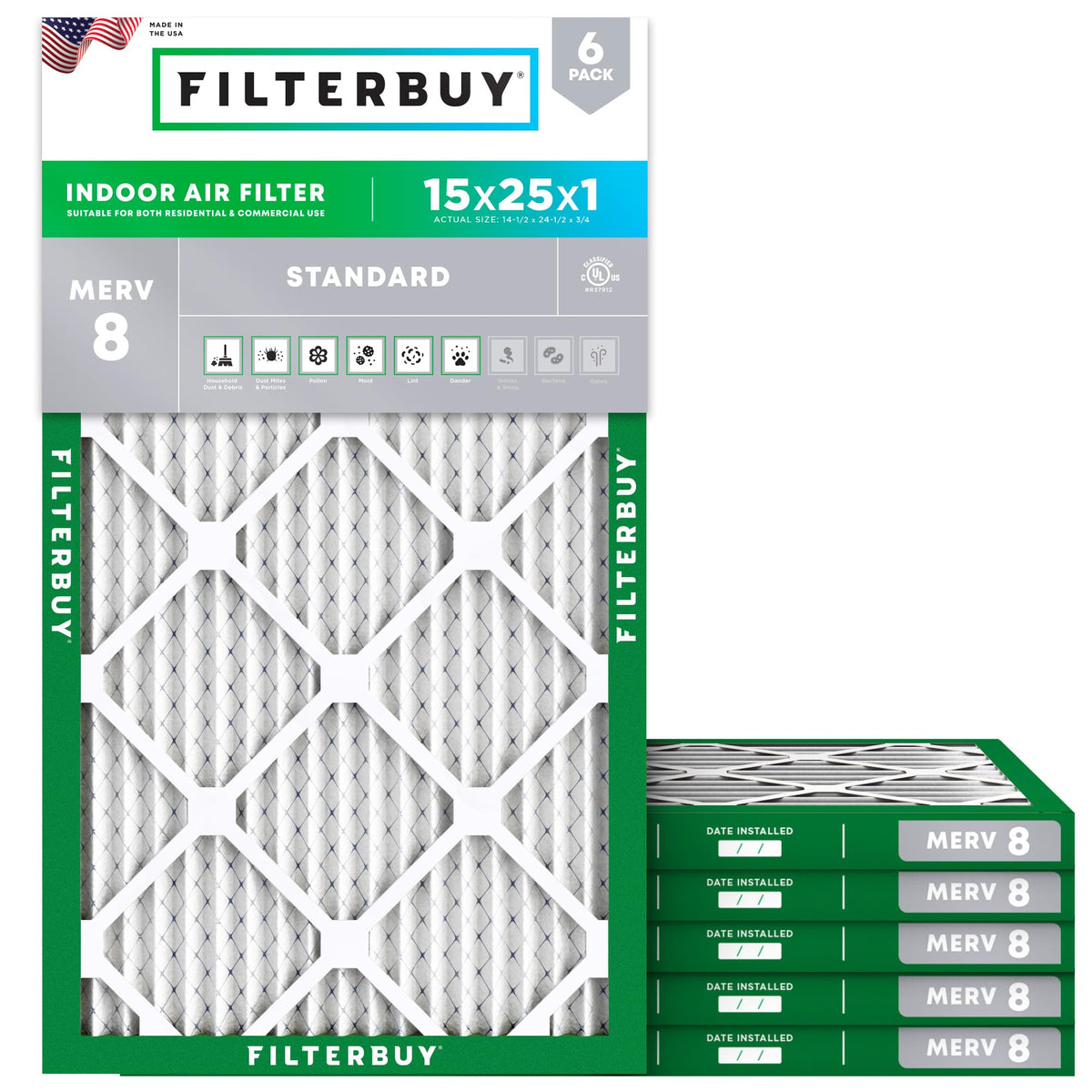 15x25x1 Air Filter MERV 8 Dust & Allergy Defense (6 Count)