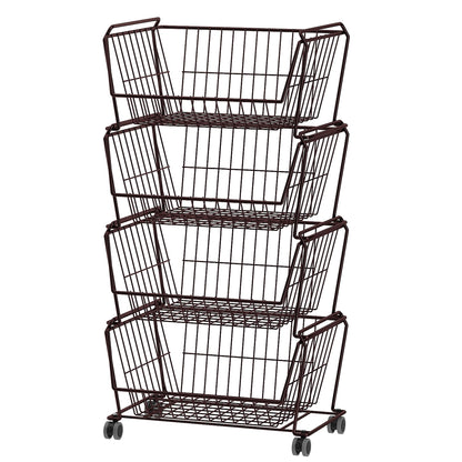 4 Tier Large Stackable Wire Storage Baskets with Wheels