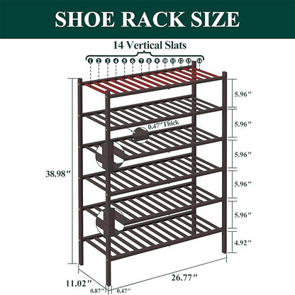Smiry Bamboo Shoe Rack, 6 Tier Free Standing Wooden Shoe Organizer, Stackable Wood Shoe Storage Shelf for Closet, Entryway, 12 Vertical Slats, 2+2+2 Stack Standard Legs, 26.8"x11"x39", Brown
