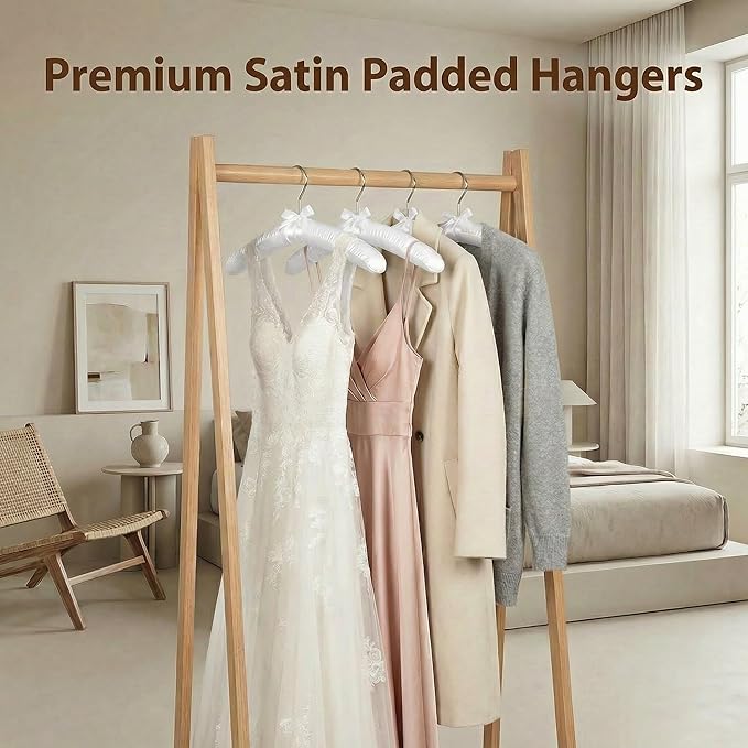 HOUSE DAY 17 Inch Satin Padded Hangers for Women, 10 Pack Heavy Duty Silk Hangers with Swivel Hooks, No Shoulder Bump Thick Foam Hangers for Sweater, Wedding Dress, Coat & Delicate Cashmere - White