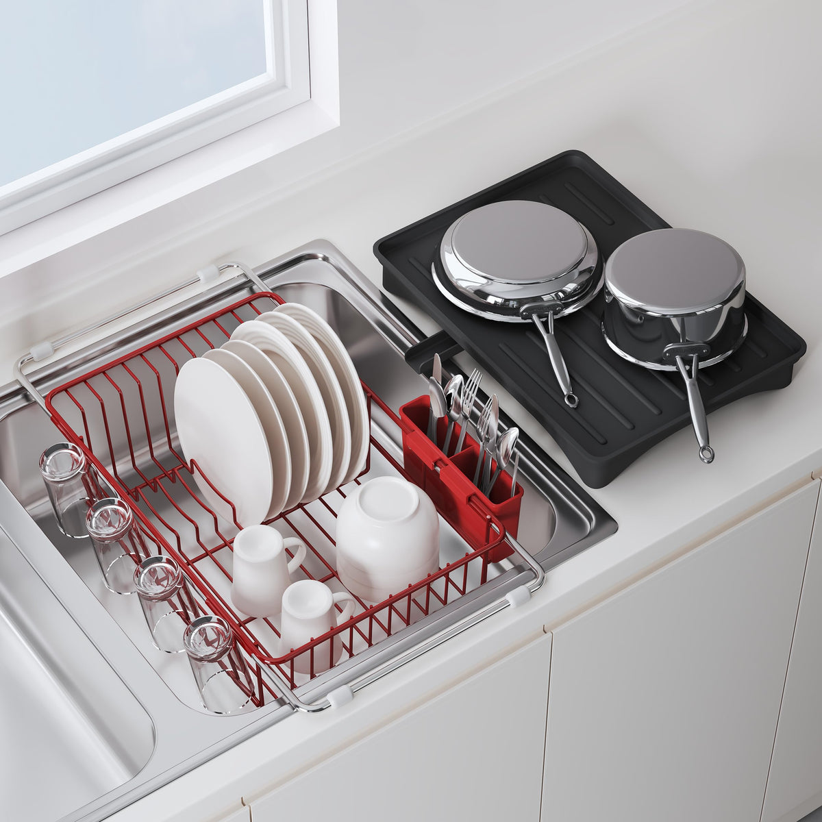 Red Dish Drying Rack in Sink with Drainboard and Utensil Holder