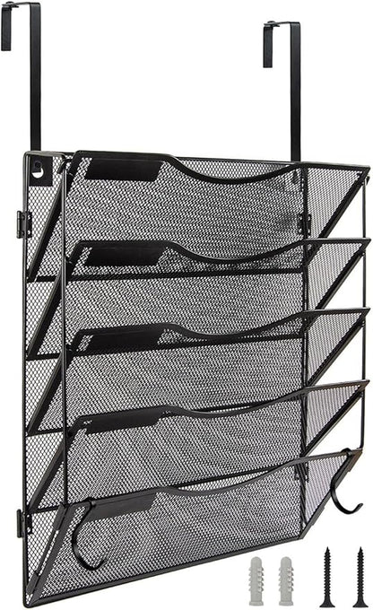 BOHDK Wall File Organizer 5 Pockets, Mail Organizer, Hanging Folder Holder, Foldable | Hanging or Wall Mounted | Label Panel | 2 Hooks | Office Home School Organizer, Black