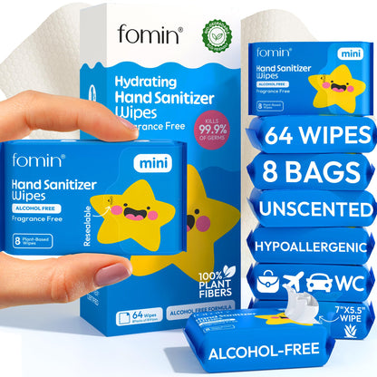 Mini Hand Sanitizer Wipes Travel Size 8 Pack (64 Count)