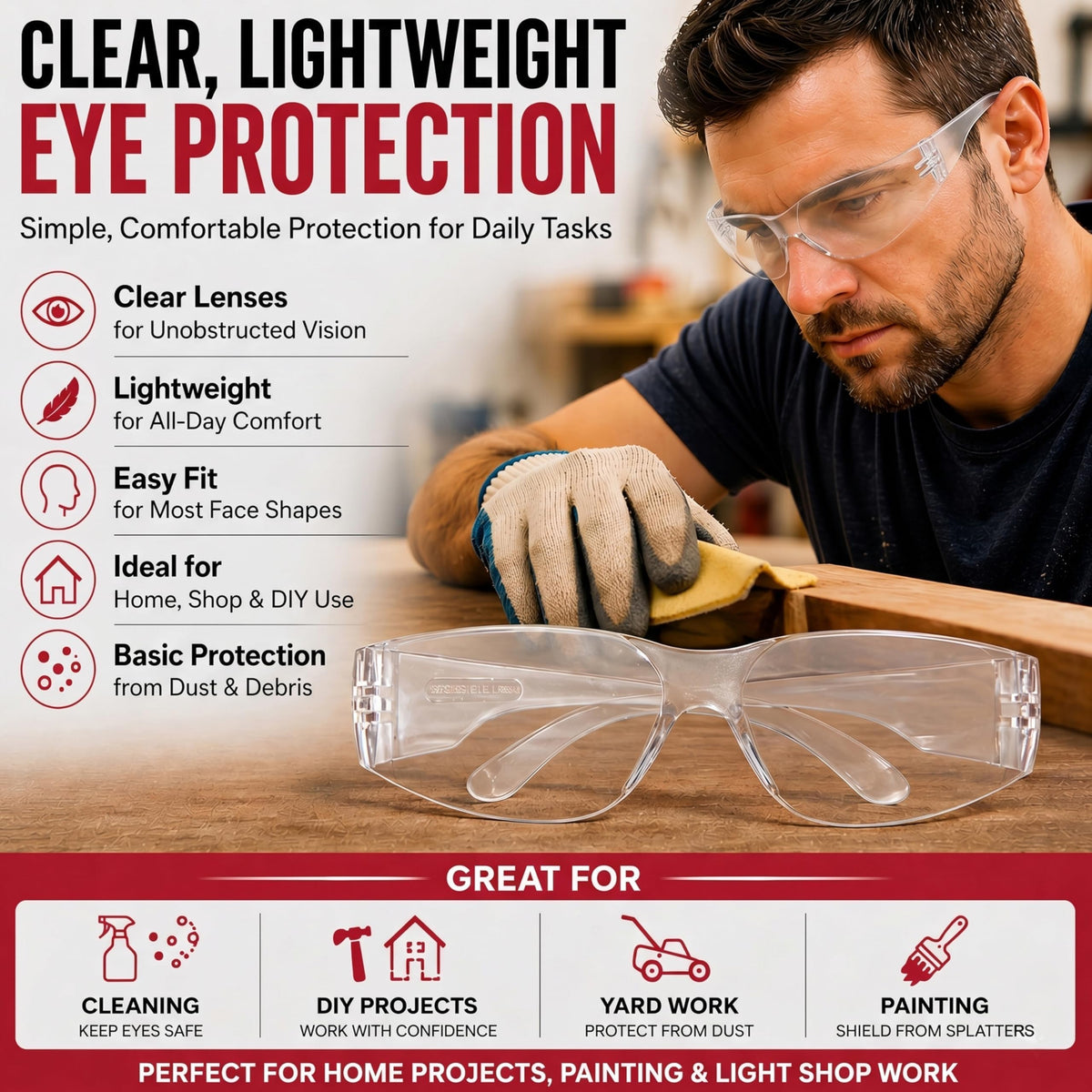 Clear Lens Pink Temple Safety Glasses Bulk 6 Pack (6 Count)