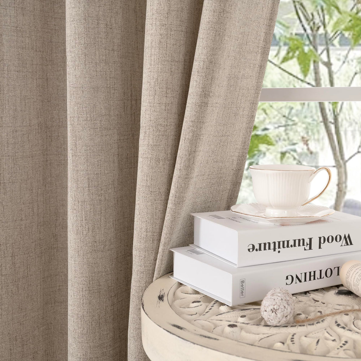 Dark Oatmeal Linen Curtains 102 Inch Length for Living Room (2 Count)