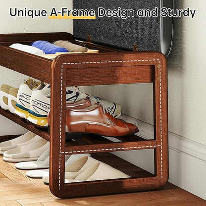 Shoe Rack Bench with Flip-Top Storage, Solid Rubberwood 2-Tier Shoe Organizer with Cushion, Wooden Shoe Stand for Entryway, Mudroom, Hallway, Closet, Front Door Entrance, Foyer