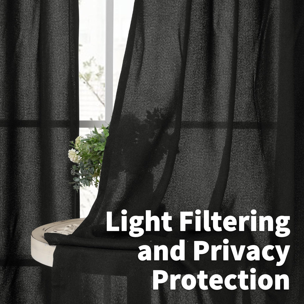 Black Linen Semi Sheer Curtains 52 X 63 Inch Length 2 Panels (2 Count)