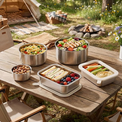 Stainless Steel Food Containers with Glass Lid, Airtight Leakproof Stainless Steel Storage Containers in set of 3, Rectangle Shape, Microwave Safe Food Storage Container Set, 100% Plastic Free