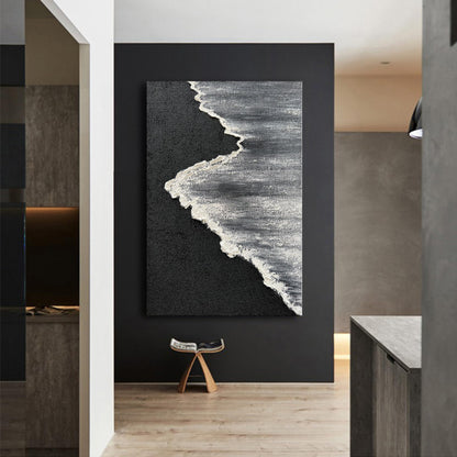 Art Hand Painted 3D Ocean Landscape Oil Painting Black and White Abstract Canvas Art Mural Family Wall Decoration Art 45x30 inches