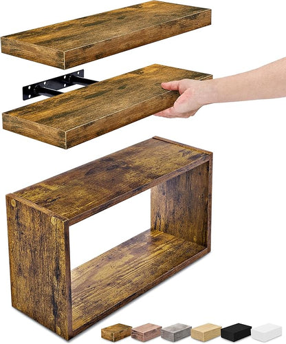 Sorbus Floating Shelves for Wall Set of 3 - Bathroom Shelves for Wall Storage, Over Toilet, Bedroom, Farmhouse, Decor - 2 Floating Shelves with Invisible Brackets & 1 Rectangular Box, Walnut