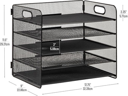 Mind Reader 5 Tier Paper Tray Desktop Organizer, Removable Shelves, Cut-Out Handles, Tool-Free Assembly, Metal Mesh, Black