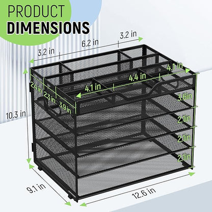 Docnest 5 Tier Mesh Desk Organizer with Adjustable Compartments - Stackable Letter Tray with Built-in Pen Holder & Handles - Desktop File Storage for Office, Home, School Supplies - Black