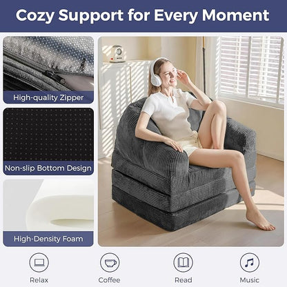 MAXYOYO Folding Sofa Bed with Backrest, Boneless Fold Out Couch Bed with Handle, 2 in 1 Convertible Bean Bag Chair to Floor Sofa Lounger, Comfy Folding Couch for Bedroom & Living Room, Dark Grey