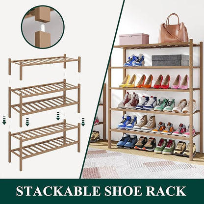 Smiry Bamboo Shoe Rack, 5 Tier Free Standing Wooden Shoe Organizer, Stackable Wood Shoe Storage Shelf for Closet, Entryway, 14 Vertical Slats, 2+2+1 Stack Heavy-Duty Legs, 26.8"x11"x32.5", Walnut