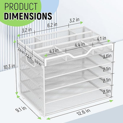 Docnest 5 Tier Mesh Desk Organizer- Letter Tray with Adjustable Compartments, Mesh Desktop Storage Built in Pen Holder and Handles, Desk Organizer Tray for Mail Documents Office Supplies–White