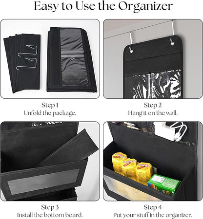 Giraffe Creation Black Over Door Organizer with 4 Large Clear Pockets, Hanging Door Storage for Closet, Bathroom, Bedroom, Dorm, Nursery, Toys, Toiletries, Cosmetics