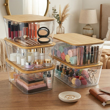 6 Pack Clear Stackable Storage Bins with Bamboo Lids (6 Count)