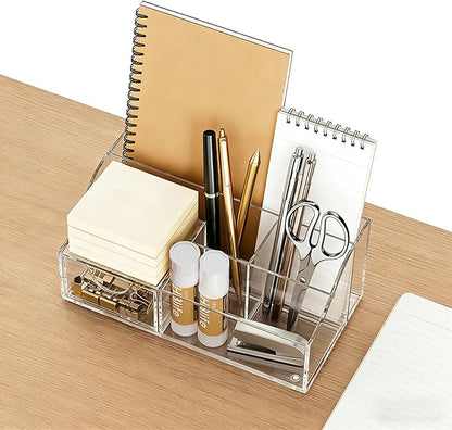 HBlife Acrylic Desk Organizer with 6 Compartments, Pen & Pencil Holder, Multifunctional Desktop Caddy for Office Supply and Organization (Clear)
