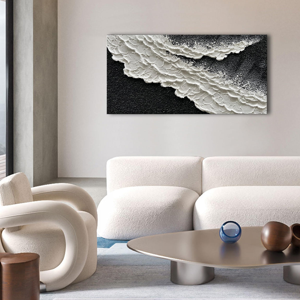 24x48 Inch Hand Painted 3D Ocean Wave Landscape Oil Painting Black and White Abstract Canvas Art Mural Family Wall Decoration Art