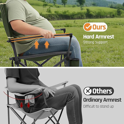DMH OUTDOORS 2 Pack Oversized Camping Chairs for Adults Heavy Duty 400 LBS, Folding Camp Chair with Hard Metal Armrests & Swivel Cup Holder, Portable Lawn Chair for Outdoor, RV, Tailgating, Green