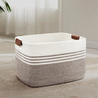 60L Woven Laundry Basket Hamper with Leather Handles