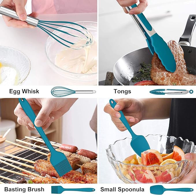 LIANYU 14 Pcs Cooking Utensils Set with Holder, Heat Resistant Silicone Kitchen Cookware Utensils Set, Kitchen Cooking Tools Includes Spatula Spoon Turner Whisk Tong, Dishwasher safe, Dark Blue