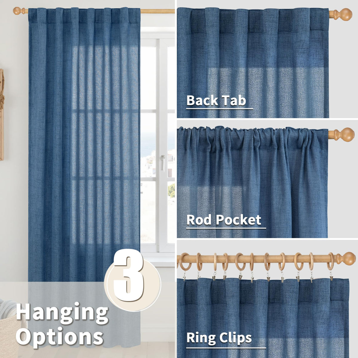 Navy Blue Linen Curtains Light Filtering (2 Count)