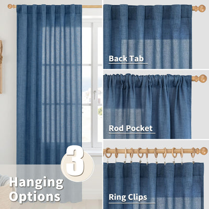 Navy Blue Linen Curtains Light Filtering (2 Count)