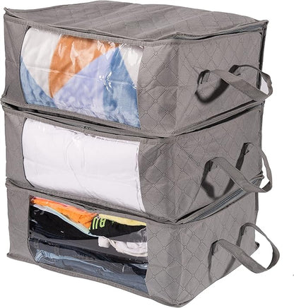 Amazon Basics Foldable Large Clothes Storage Bags with Clear Window & Carrying Handles, Closet Organizers, Zipper, 3-Pack, Gray