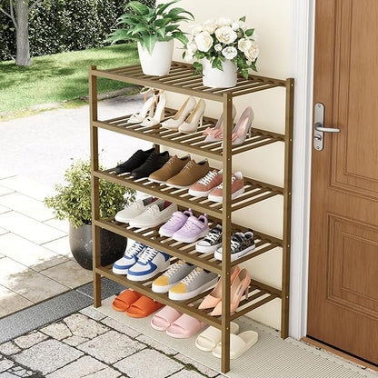 Smiry Bamboo Shoe Rack, 5 Tier Free Standing Wooden Shoe Organizer, Stackable Wood Shoe Storage Shelf for Closet, Entryway, 14 Vertical Slats, 2+2+1 Stack Heavy-Duty Legs, 26.8"x11"x32.5", Walnut