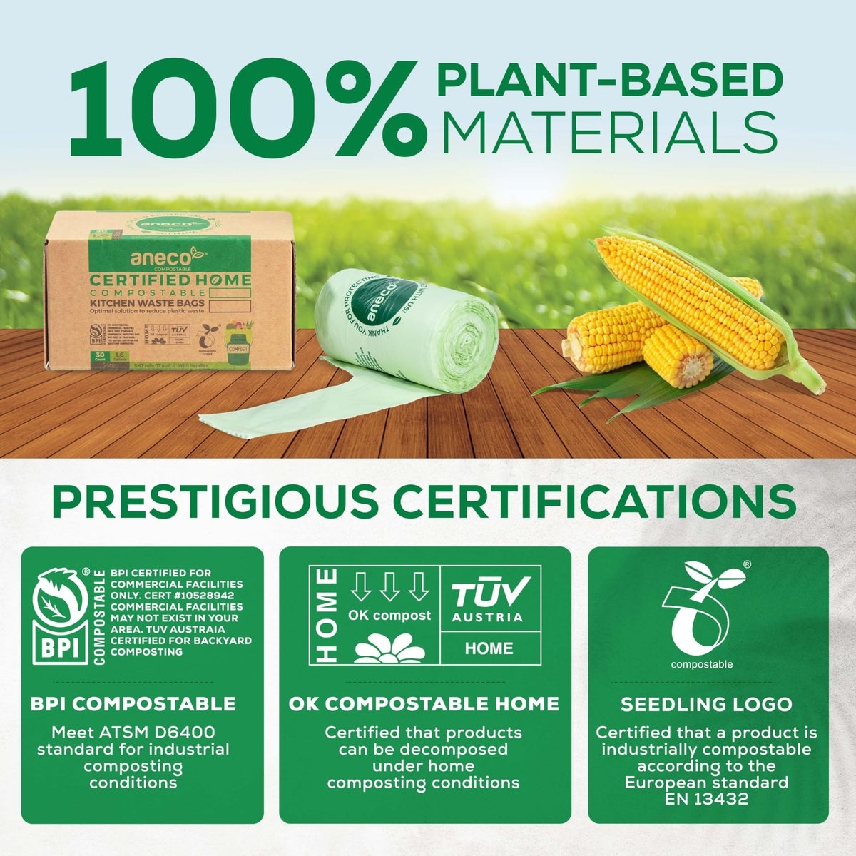 100% Compostable Food Waste Bags 1.6 Gallon With Handles (30 Count)