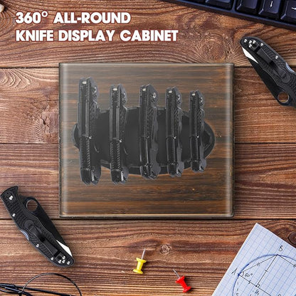 Knife Display Case, Pocket Knife Display Box Stand with Acrylic Protection Cover Holds 5 Knives - Pocket Knife Holder Organizer Tabletop Showcase for Collections (Wooden Base)