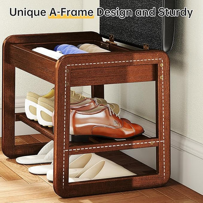 Shoe Rack Bench with Flip-Top Storage, Rubberwood 2-Tier Shoe Organizer with Cushion, Small Wooden Shoe Stand for Entryway, Mudroom, Hallway, Closet, Front Door Entrance, Foyer
