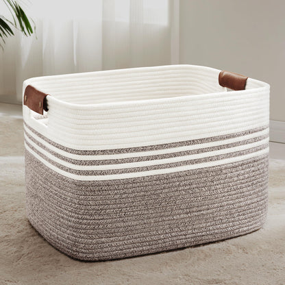 86L Woven Laundry Basket Hamper with Leather Handles